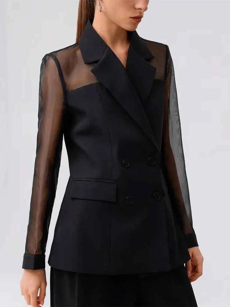 Women High Street Blazer Translucent Cuff Splicing Slim Blazer