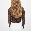 Women Mesh Shirt Long Sleeve Leopard Print