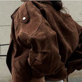 Brown Faux Suede Cropped Casual Coat Vintage Lapel Solid Zipper - Norellé