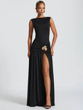 Metal Flower Backless Ruched  Maxi Dress Women - Norellé