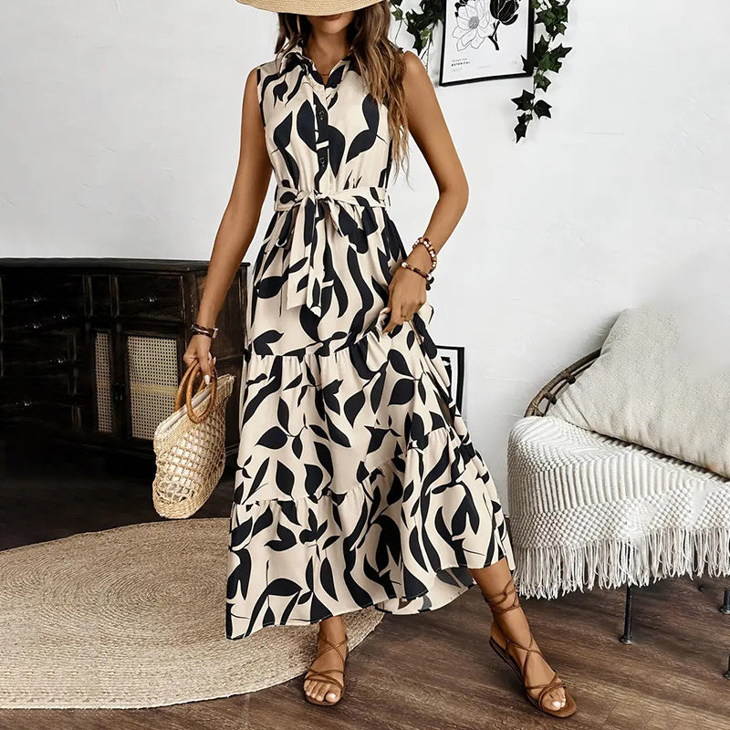 Women Sleeveless Boho Floral Maxi Dress Button Shirt V Neck Flowy Belted - Norellé