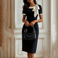 Women's Clothing Round Neck Bowknot Contrasting-color Dress - Norellé