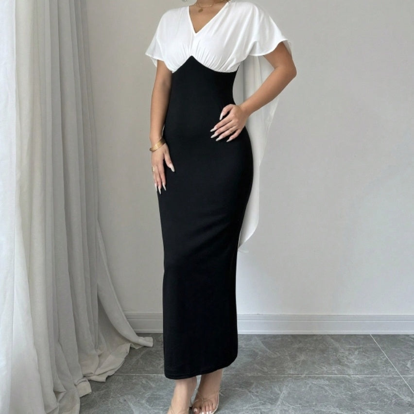 Ladies' Commuting Elegant Casual V-neck Color Block Patchwork Short Sleeved Dress - Norellé