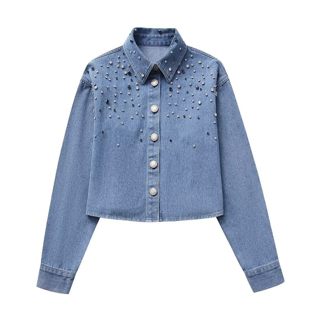 Long Sleeve Rhinestone Short Denim Shirt - Norellé