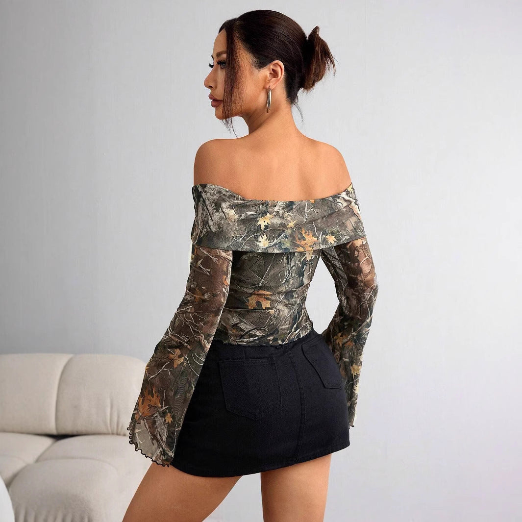 Mesh Printed Off-shoulder Long Sleeved Fitted T-shirt Top - Norellé