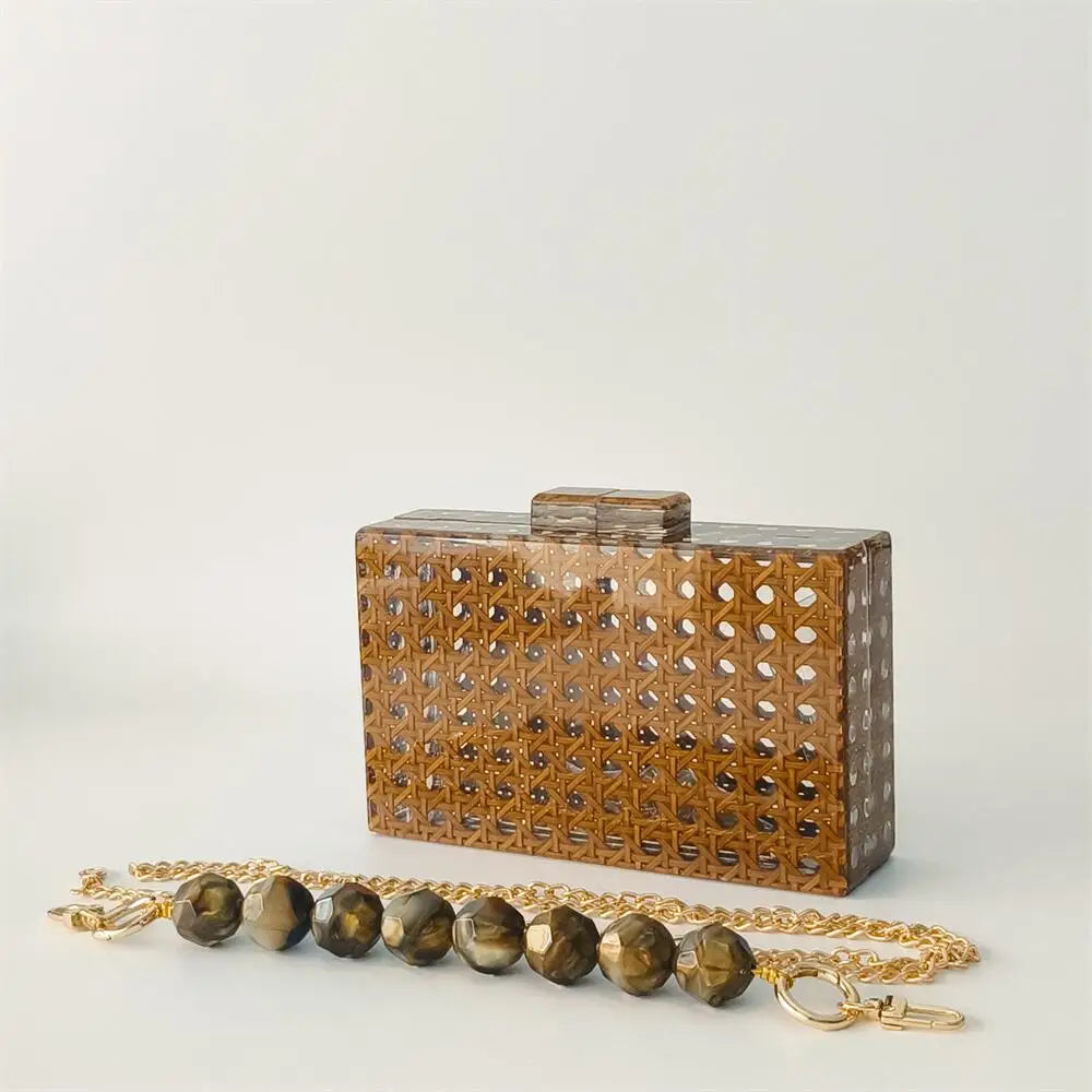 Acrylic Egg Cane Rattan Clutch Bag - beaded handle