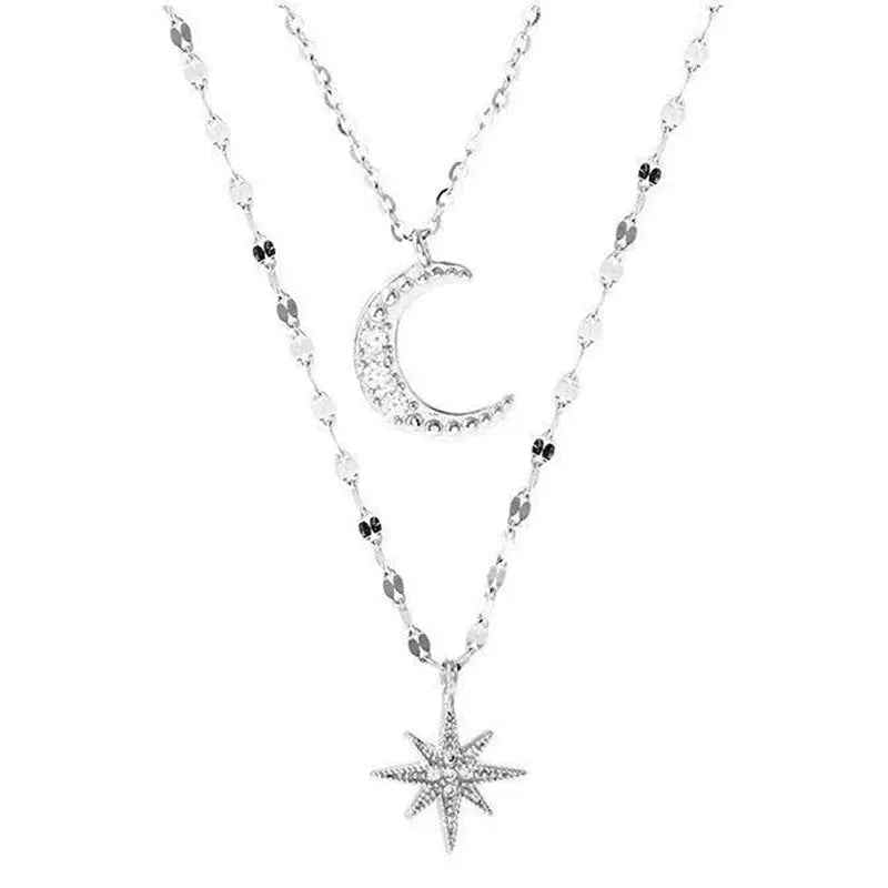 Asterism Moon Double-layer Necklace For Women - White K - electronic accessories