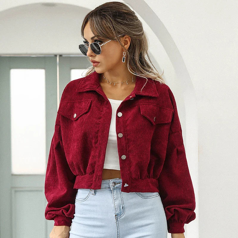 Autumn Cropped Corduroy Jackets - Burgundy / S