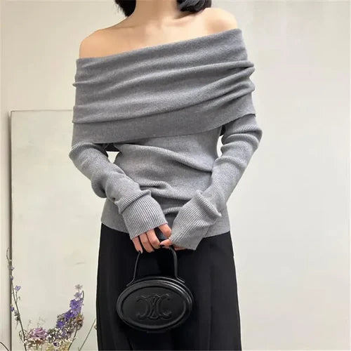 Autumn Winter Off Shoulder Women Sweaters Elegant Vintage Knitted - One Size / GRAY - Other