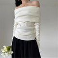 Autumn Winter Off Shoulder Women Sweaters Elegant Vintage Knitted - Ivory / One Size - Other