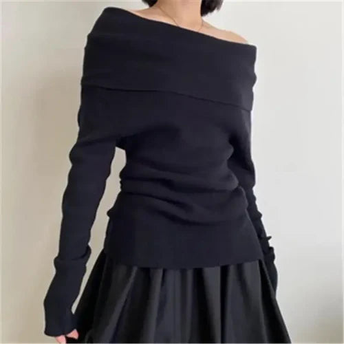 Autumn Winter Off Shoulder Women Sweaters Elegant Vintage Knitted - One Size / black - Other