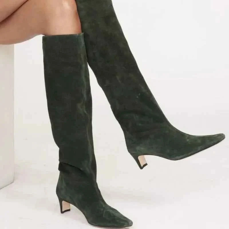 Autumn Winter Square Toe Low Heeled Suede Long Boots