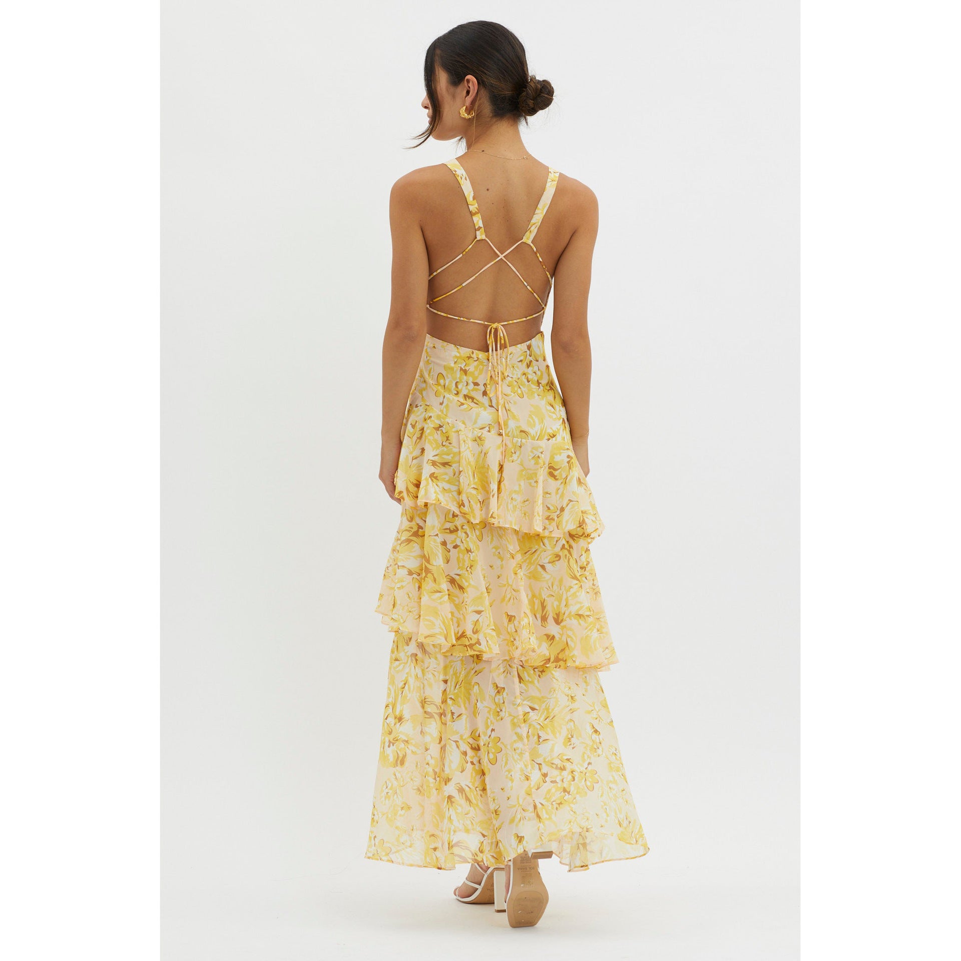 Women's Spaghetti-strap Floral Print Backless Multi-layer V-neck Dress - Norellé