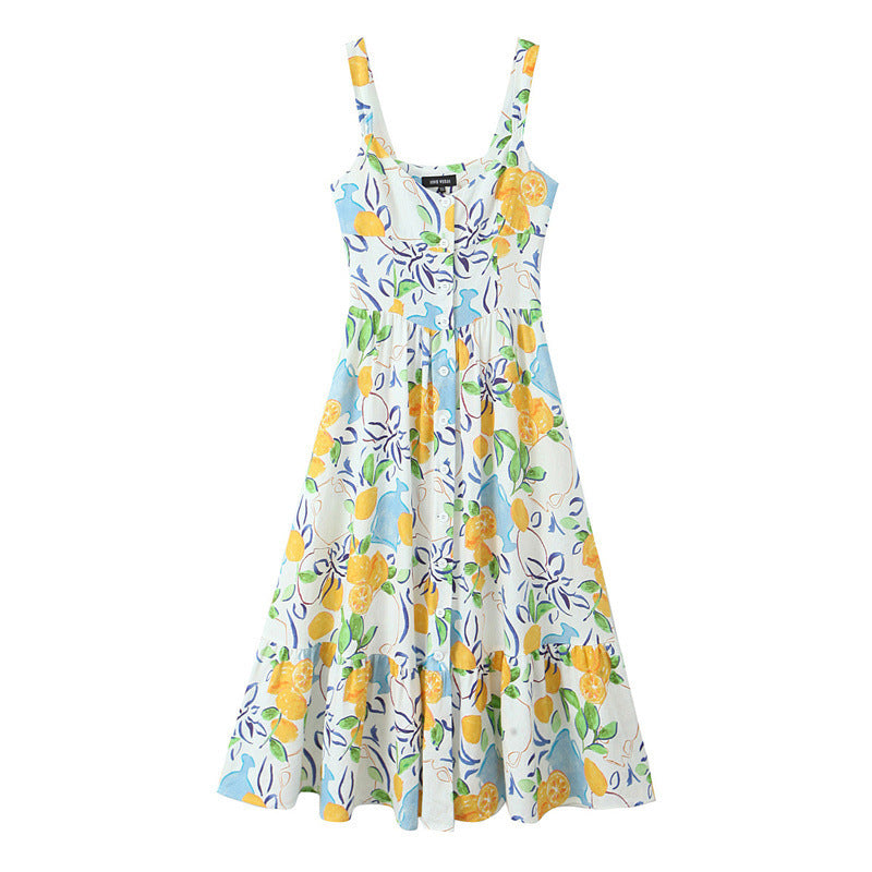 Blended Linen Printing Midi Skirt Dress - Norellé