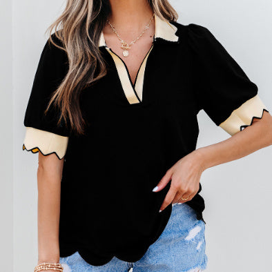 Black Color Contrast Collared V Neck Puff Sleeve Blouse - Norellé