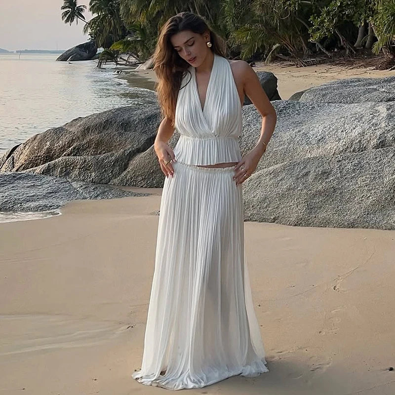 Backless Halter Dress Sets Female Beach Vacation