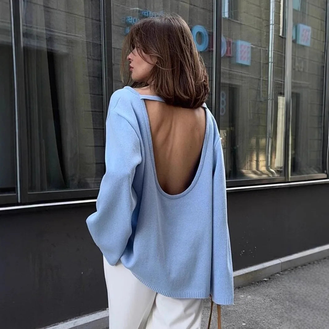 Backless O-neck Cotton Knit Sweater - Blue / M