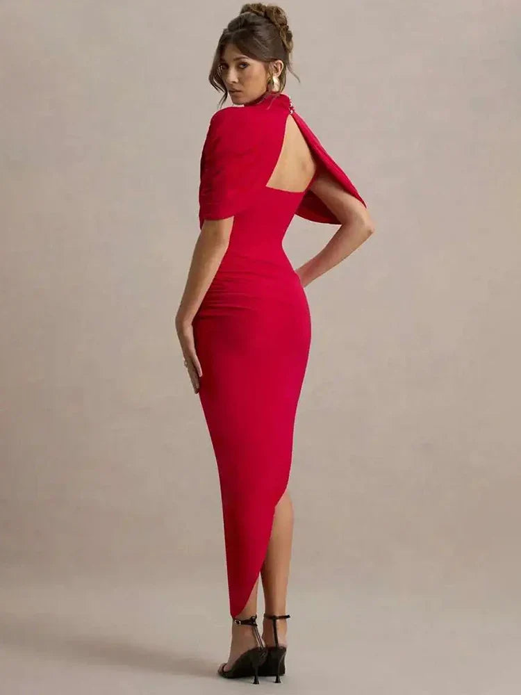 Backless Ruched Half Sleeve Maxi Dress Women Turtleneck Slim