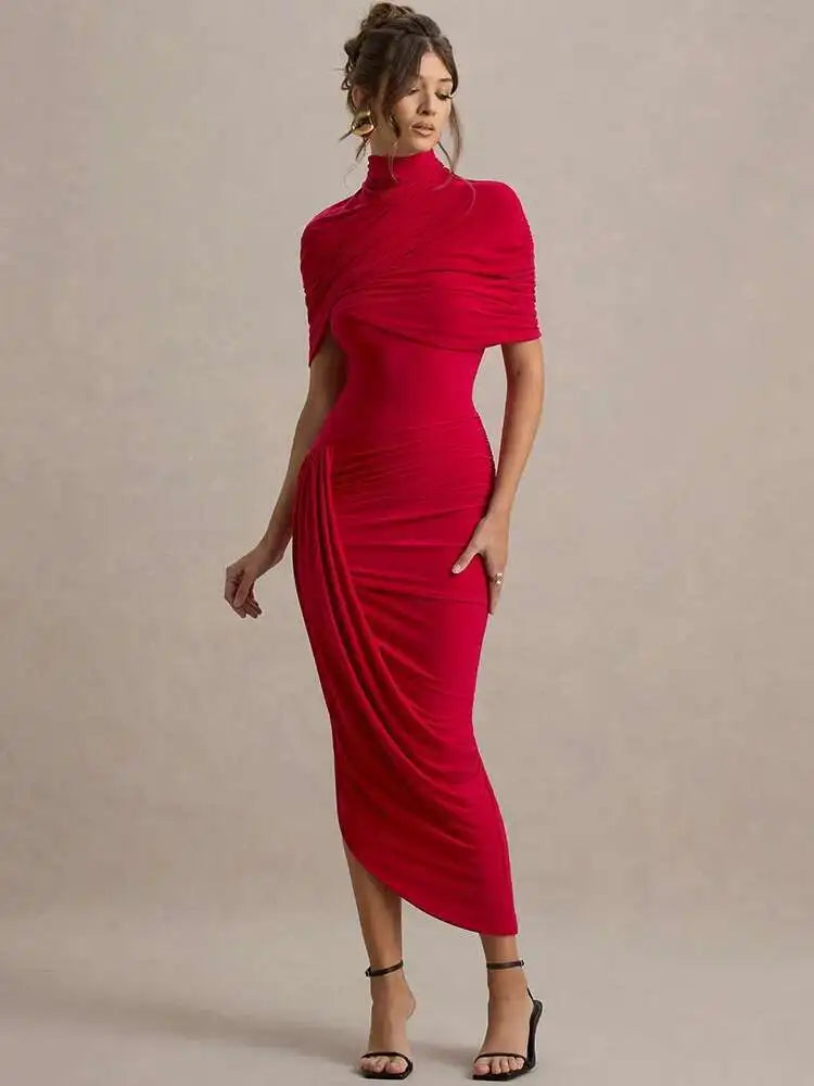 Backless Ruched Half Sleeve Maxi Dress Women Turtleneck Slim - Red / M