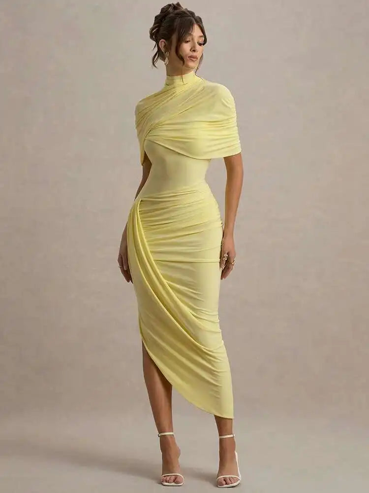 Backless Ruched Half Sleeve Maxi Dress Women Turtleneck Slim - Yellow / M