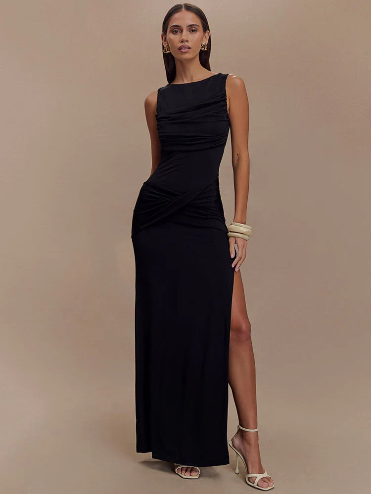 Backless Ruched Maxi Tank Dress Women - black / L