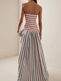 Bandeau Striped Print Sling Maxi Dress Summer Off The Shoulder