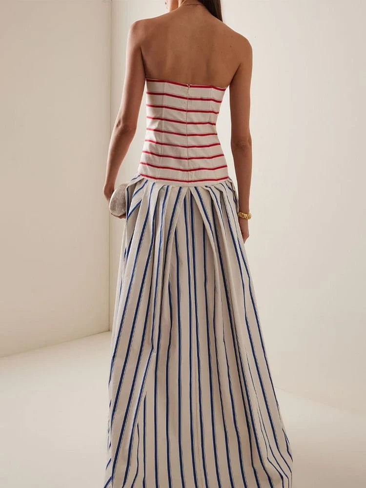 Bandeau Striped Print Sling Maxi Dress Summer Off The Shoulder