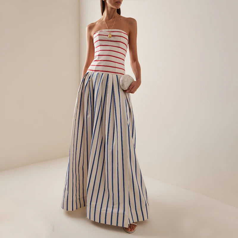 Bandeau Striped Print Sling Maxi Dress Summer Off The Shoulder