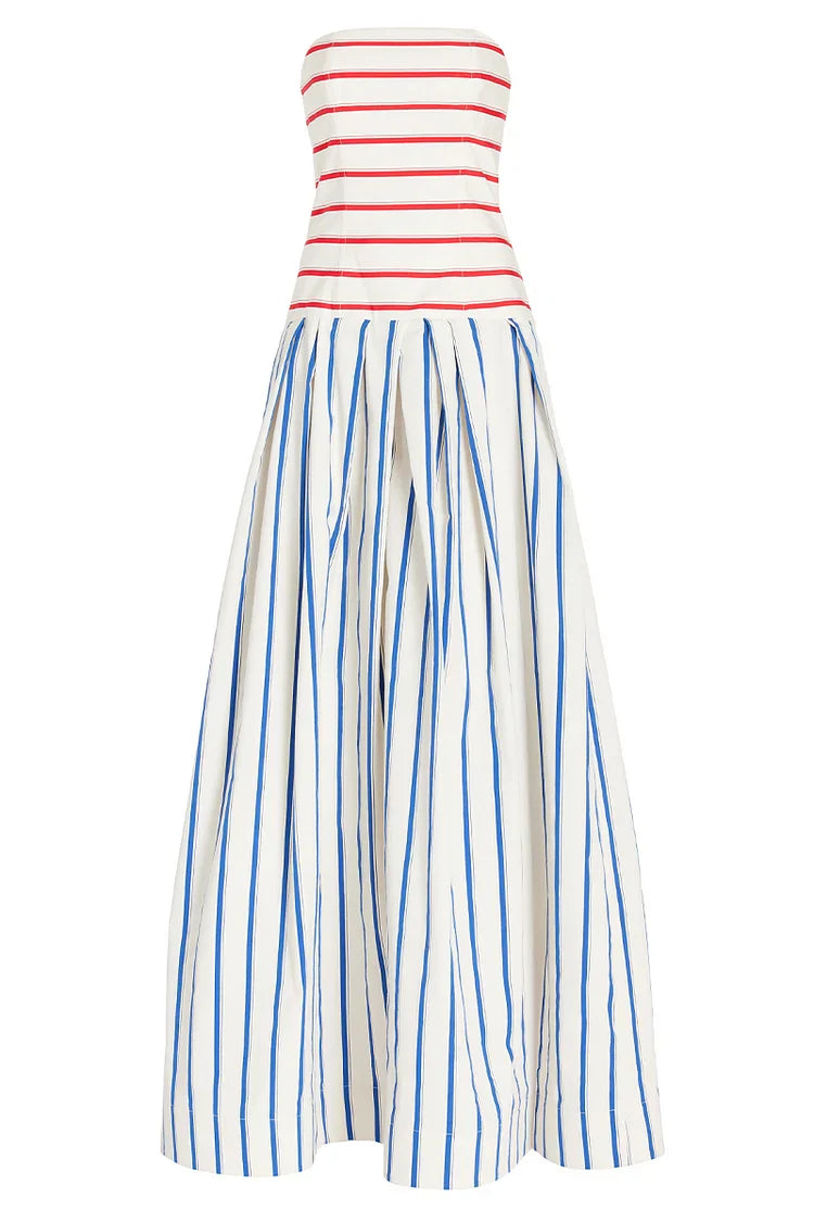 Bandeau Striped Print Sling Maxi Dress Summer Off The Shoulder