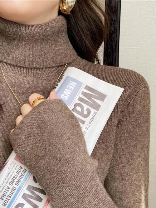 Basic Slim soft solid color turtleneck Sweater - One Size / Mocha - Other