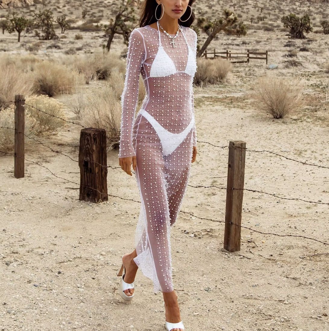 Bead Rhinestone Blouse Mesh Long Sleeve Dress - Other