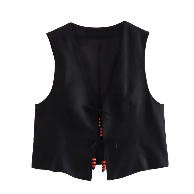 Beading Sleeveless Vest Woman V Neck Black Cropped Women - Other
