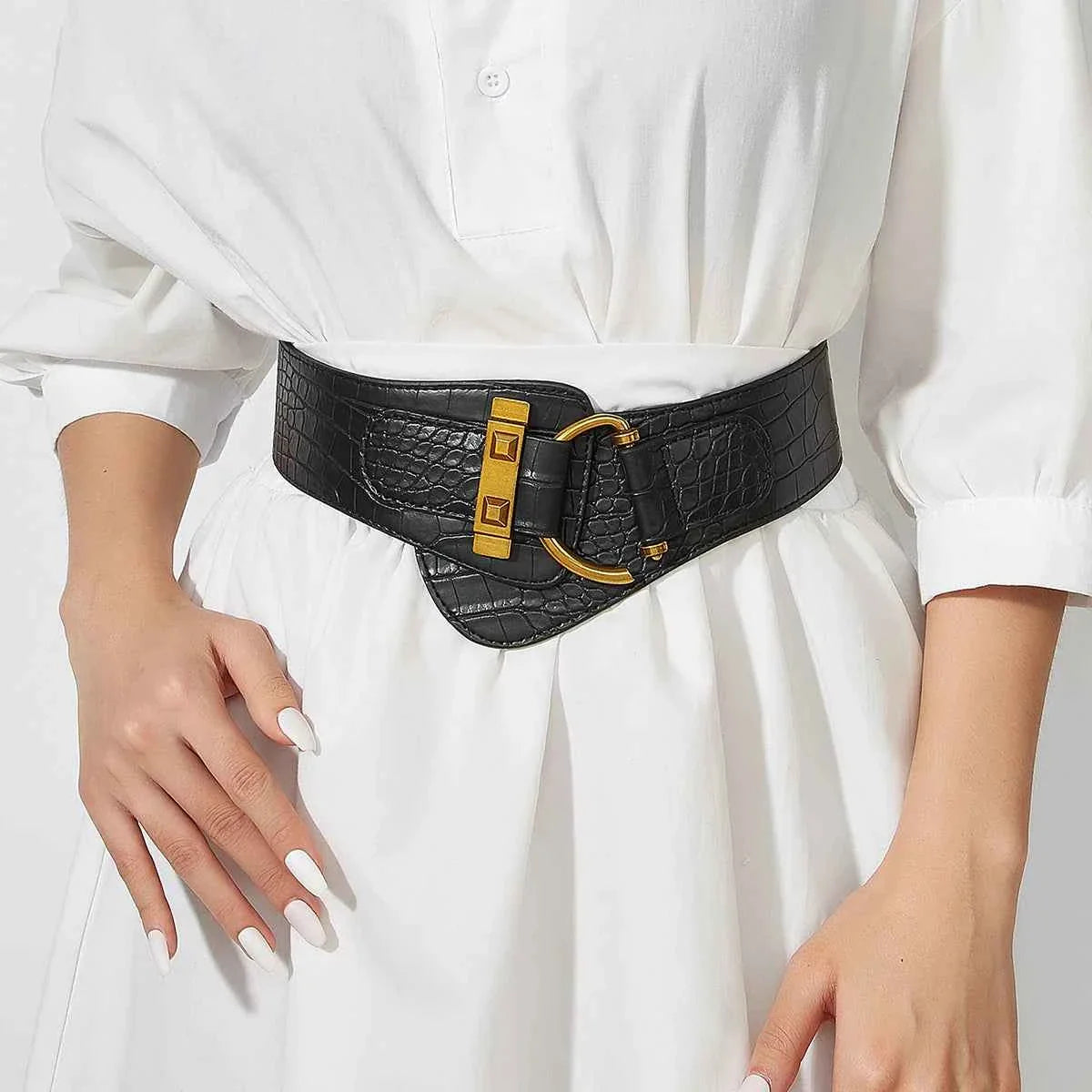 Beige Button-Up Elastic Waist Belt
