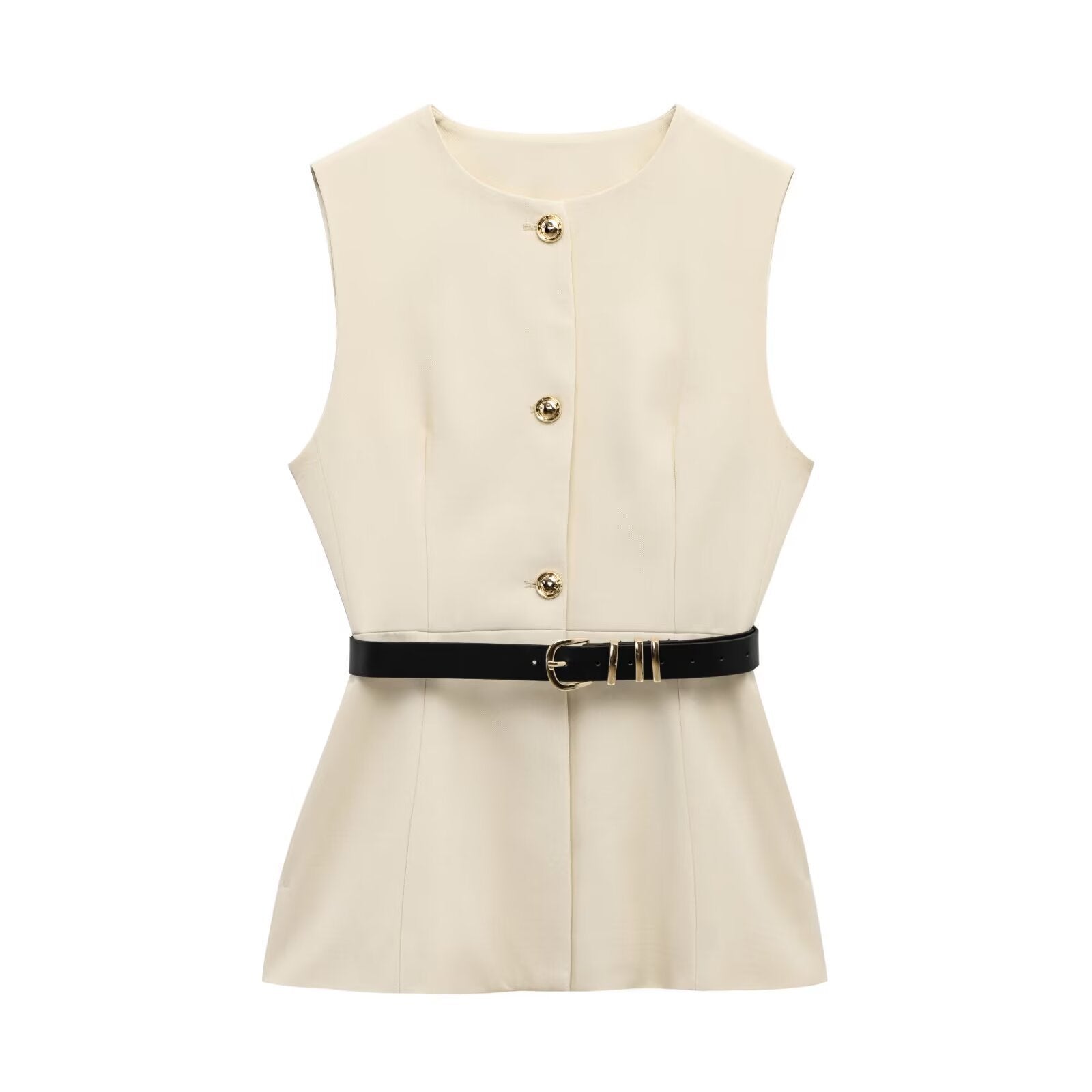 Belt Simple Sleeveless Shirt Bandage Dress Waist-tight Vest - Beige / L - electronic accessories