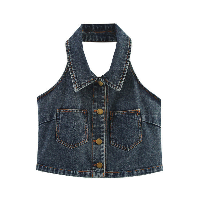 Big Backless Lapel Halter Denim Camisole - Picture Color / L - Other