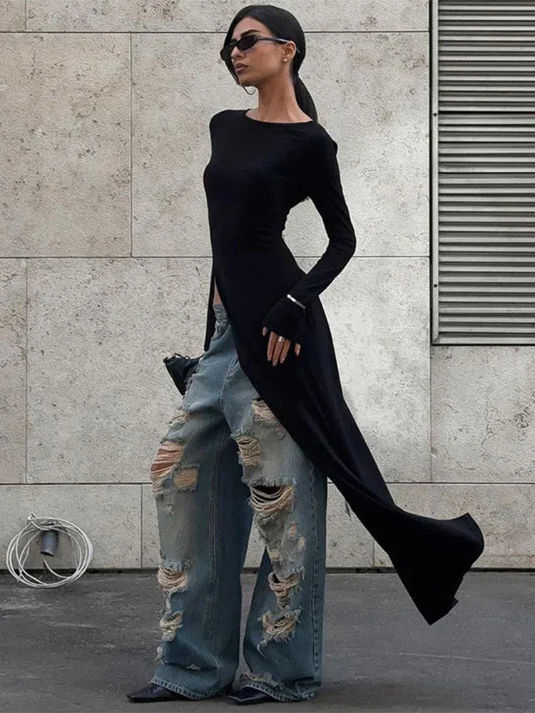 Black Asymmetrical Maxi Dress For Women’s O Neck Long Sleeve - Other