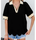 Black Color Contrast Collared V Neck Puff Sleeve Blouse - electronic accessories