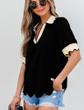 Black Color Contrast Collared V Neck Puff Sleeve Blouse - electronic accessories