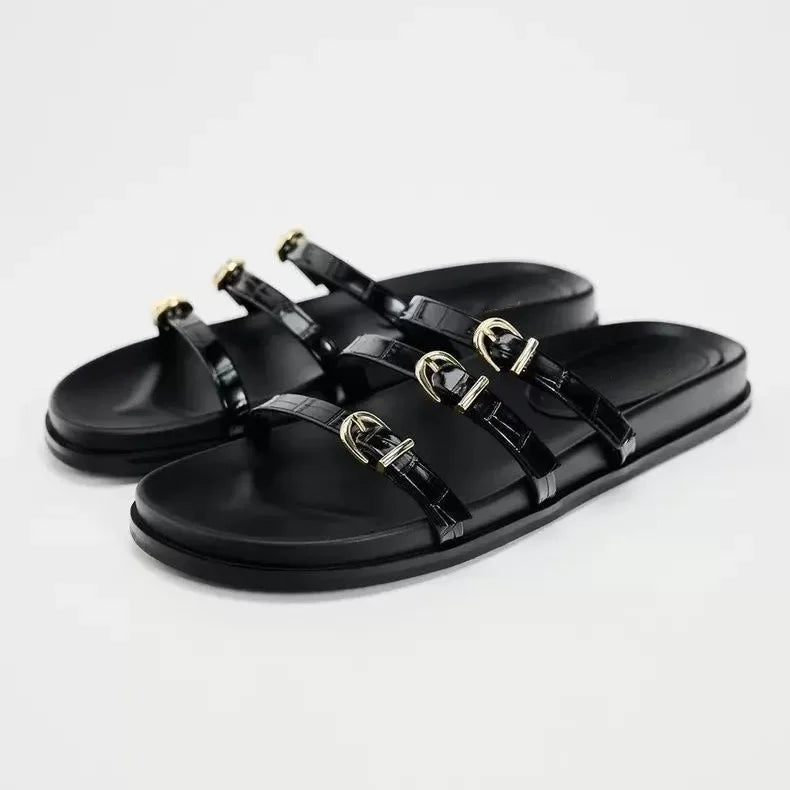Black Flat Buckle Sandals for Women - 3 / 40