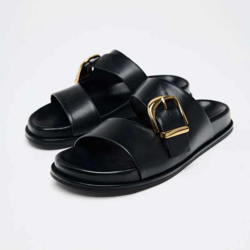 Black Flat Buckle Sandals for Women - black / 40