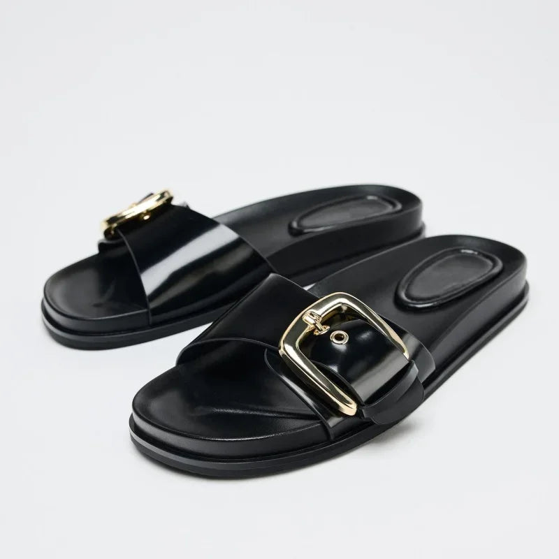 Black Flat Buckle Sandals for Women - 5 / 40