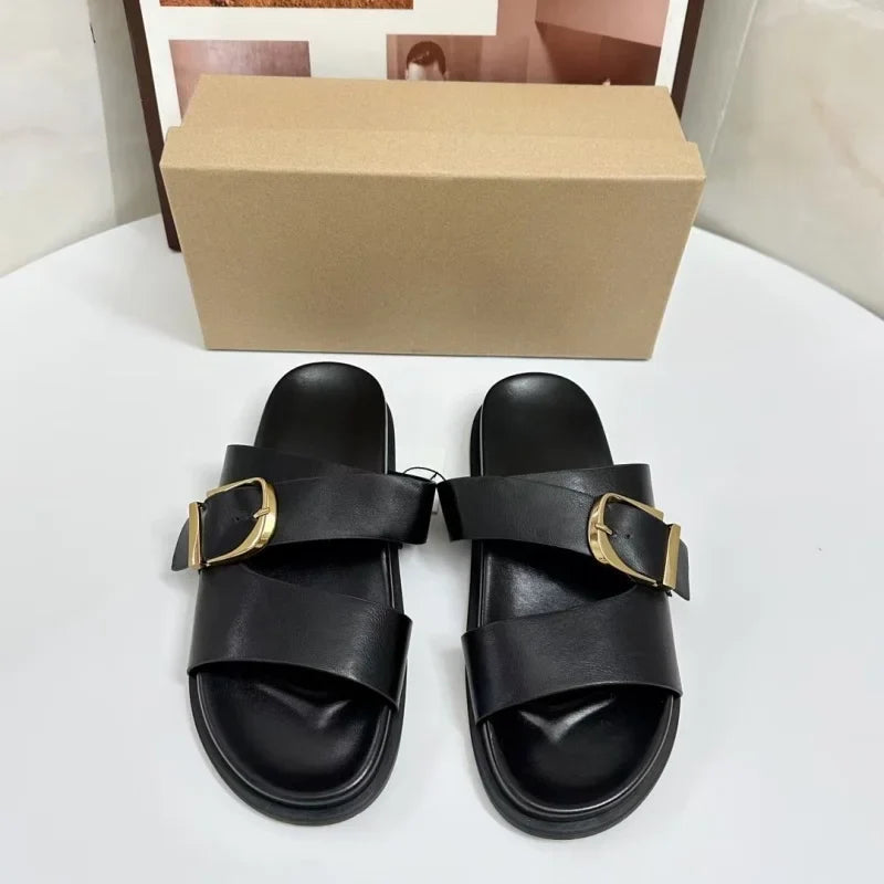 Black Flat Buckle Sandals for Women