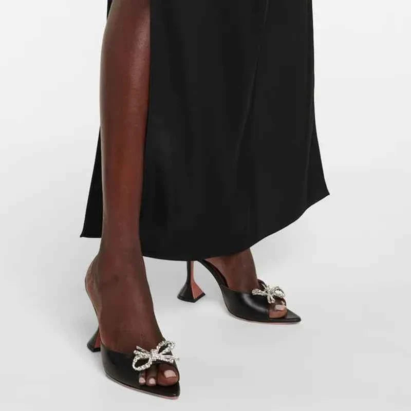 Black PU Leather Crystal Bowknot Women Slippers Sandals