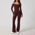 Black ribbed off-shoulder yoga jumpsuit with flare legs for gym fitness