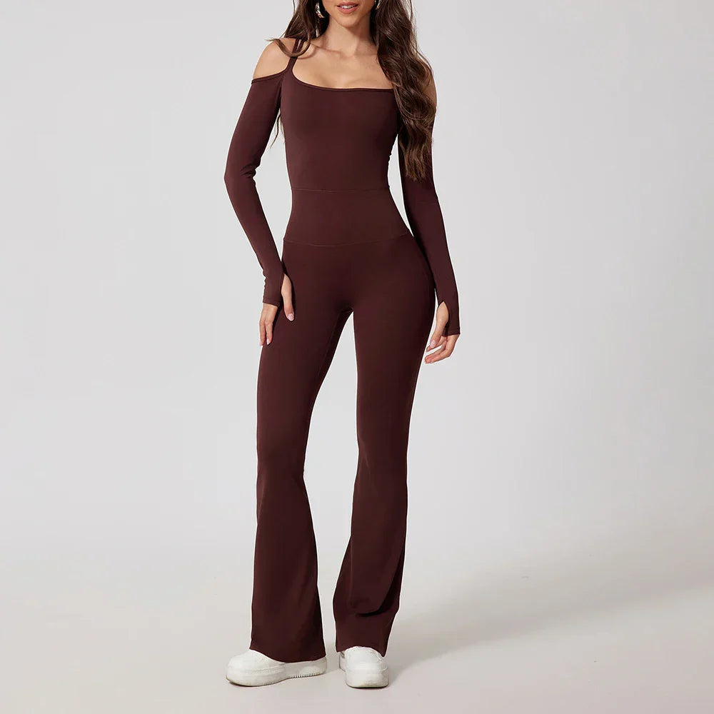 Black ribbed off-shoulder yoga jumpsuit with flare legs for gym fitness