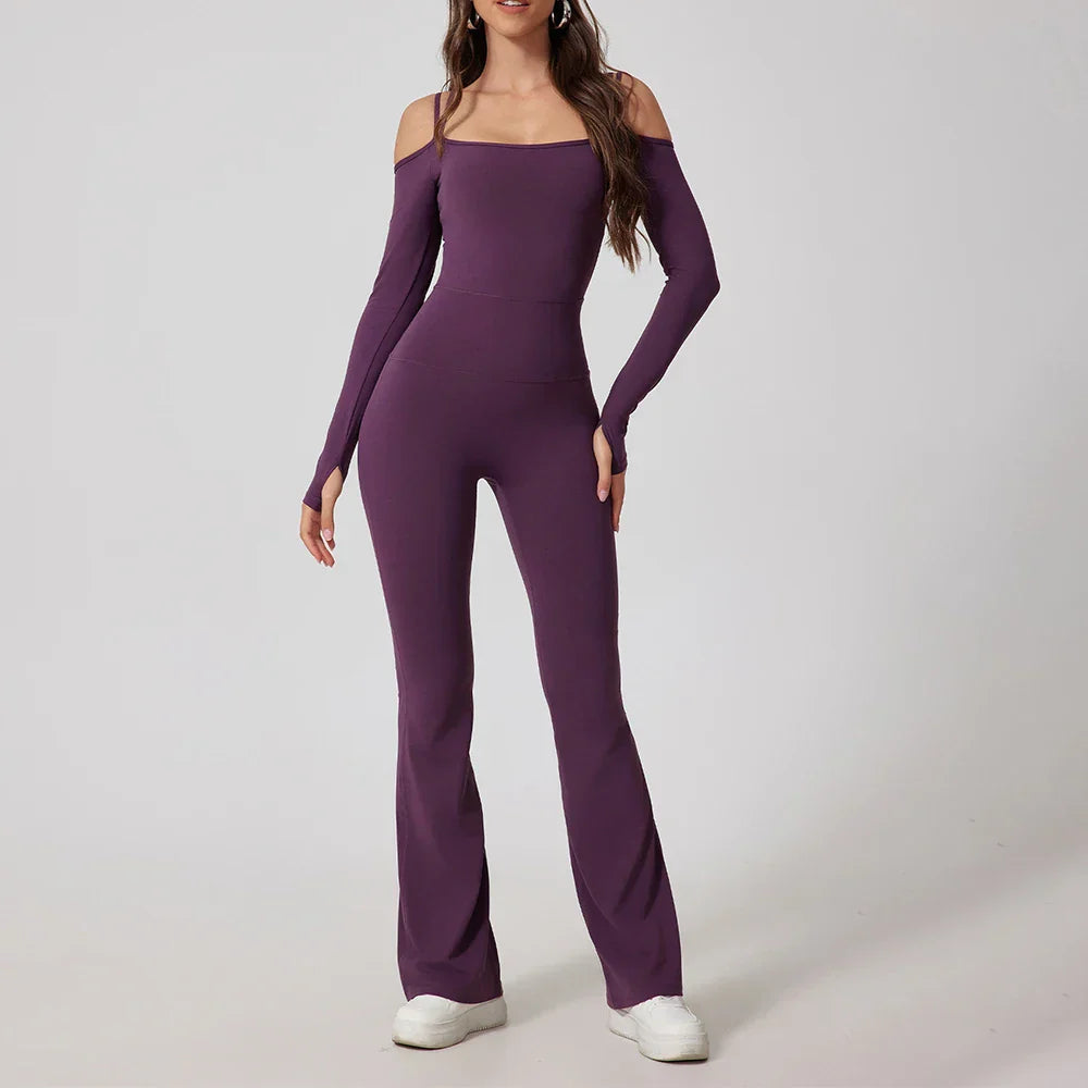 Black ribbed off-shoulder yoga jumpsuit with flared legs and thumbholes