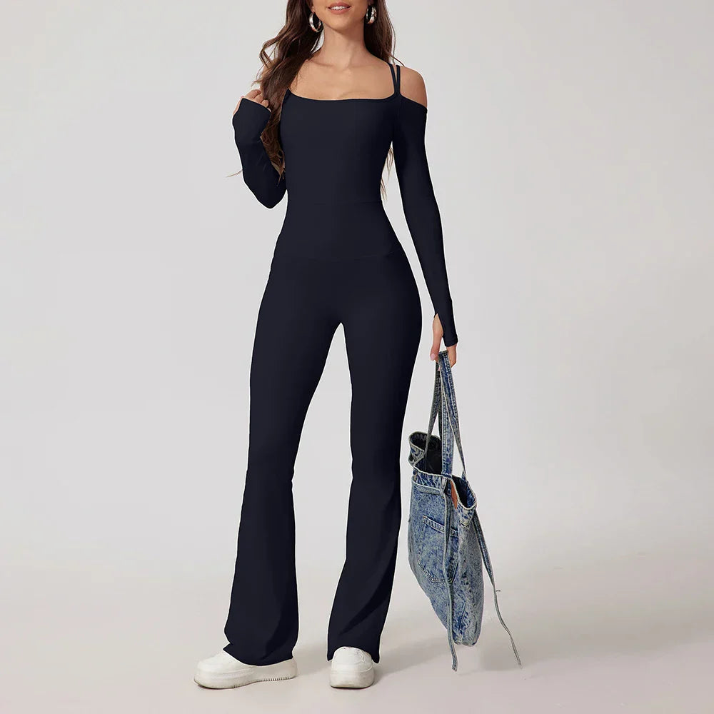 Women’s black ribbed yoga jumpsuit with off-shoulder flare legs for gym fitness