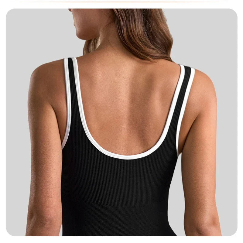 Black ribbed romper women yoga jumpsuit with low v neck and white trim
