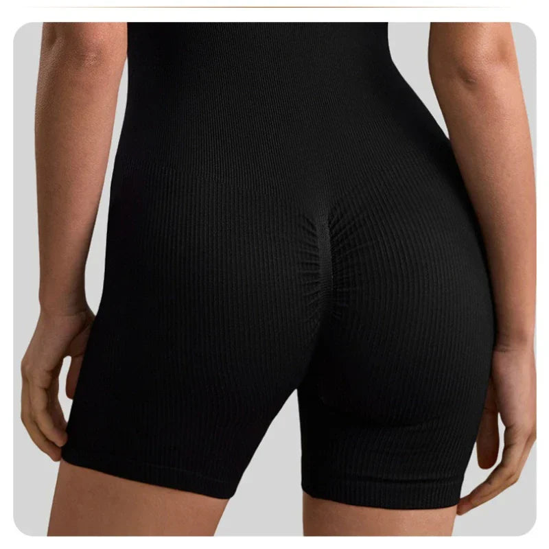 Black ribbed romper women yoga jumpsuit with ruched glute shorts