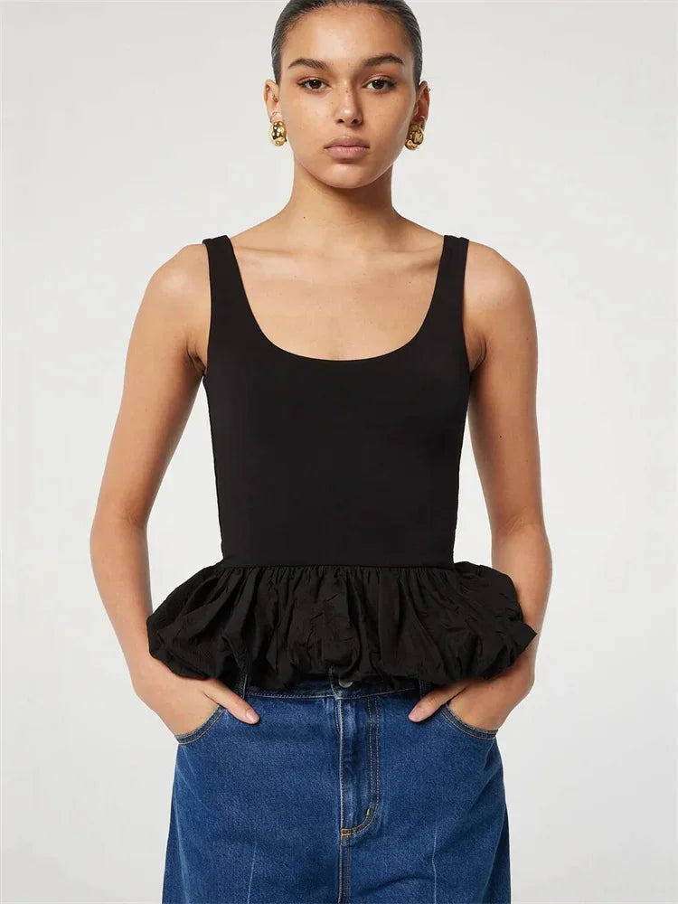 Black Ruffled Patchwork Tank Top